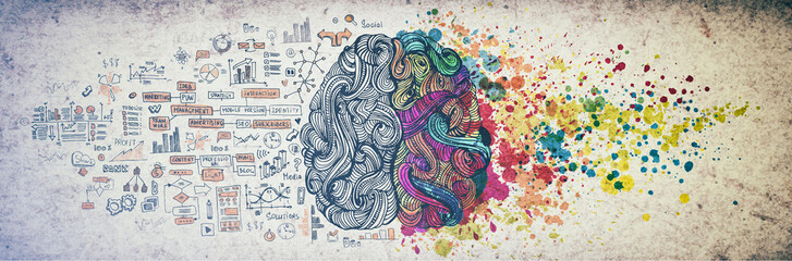 Wall Mural - Left right human brain concept, textured illustration. Creative left and right part of human brain, emotial and logic parts concept with social and business doodle illustration of left side, and art
