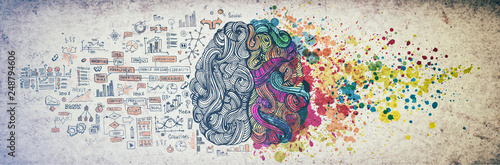 Left right human brain concept, textured illustration. Creative left and righ...
