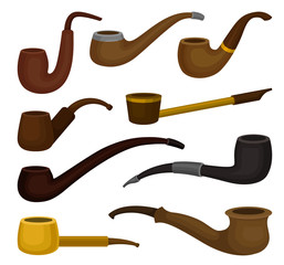 Wall Mural - Flat vector set of different types of tobacco pipes. Vintage wooden tubes for smoking. Classic accessory for smokers