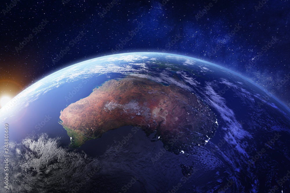 Australia from space at night with city lights of Sydney, Melbourne and Brisbane, view of Oceania, Australian desert, communication technology, 3d render of planet Earth, elements from NASA - obrazy, fototapety, plakaty 