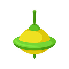 Wall Mural - Flat vector icon of bright yellow-green whirligig. Children toy. Vintage spinning top. Item for kids game