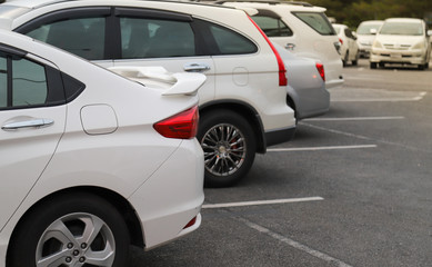 Closeup of back or rear side of white car and other cars parking in parking area in twilight evening. 