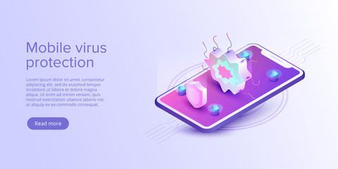 Mobile phone virus protection concept in flat vector illustration. Online security app or smartphone antivirus program. Internet safety background or firewall service. Web banner layout template.