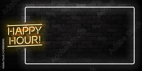Fotografía Vector realistic isolated neon sign of Happy Hour frame logo for template decoration and covering on the wall background