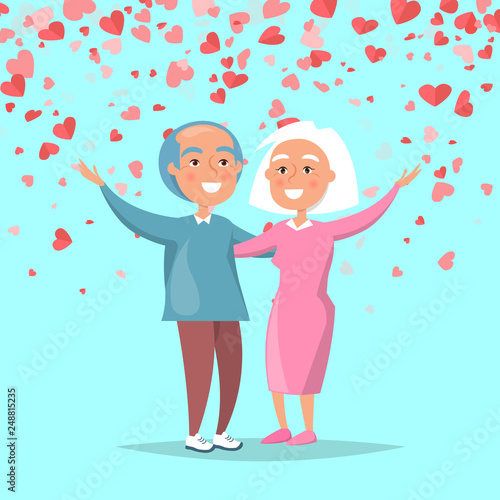 Download Elderly Couple Send Merry Greetings On Valentines Day Vector Senior Grandmother And Grandfather And Flying Hearts Isolated On Blue Happy Grandparents Stock Vector Adobe Stock