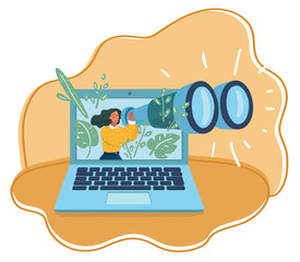 Woman in laptop interacts looking thought binocular