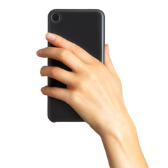 Women's hand showing black smartphone, concept of taking photo or selfie