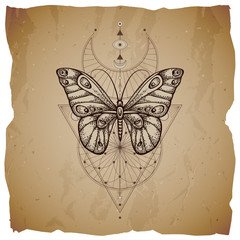 Vector illustration with hand drawn butterfly and Sacred geometric symbol on vintage paper background with torn edges. Abstract mystic sign.