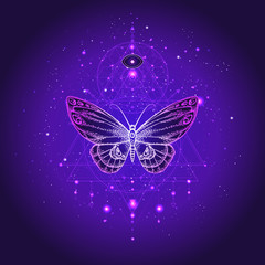 Vector illustration with hand drawn butterfly and Sacred geometric symbol against night starry sky. Abstract mystic sign.