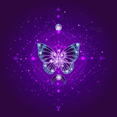 Vector illustration with hand drawn butterfly and Sacred geometric symbol against night starry sky. Abstract mystic sign.