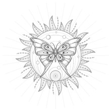 Vector Illustration With Hand Drawn Butterfly And Sacred Geometric Symbol On White Background. Abstract Mystic Sign. Black Linear Shape.