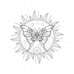 Vector illustration with hand drawn butterfly and Sacred geometric symbol on white background. Abstract mystic sign. Black linear shape.