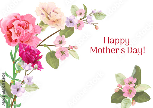 Horizontal template card for Mother's Day with carnation, spring blossom: red...