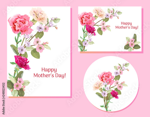 Set of templates for Mother's Day (vertical, horizontal, round): carnation, s...