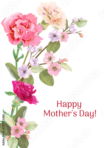 Vertical card for Mother's Day with carnation, spring blossom: red, pink, whi...