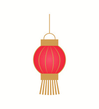 Hanging Red Paper Lantern With Golden Stripes In Flat Style Isolated On White. Classic Chinese Decoration For New Year, Single Colorful Ornament Vector