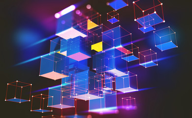 Fototapete - Neon light. Blockchain technology. Information block in the volumetric composition. Glowing edges on a dark background. Full-color 3D illustration of an array of cubes and a polygonal mesh.