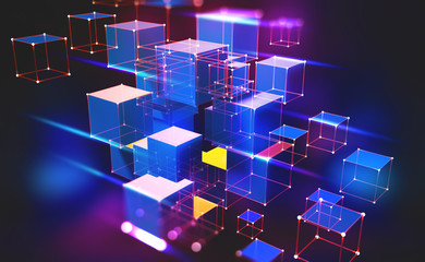 Aufkleber - Neon light. Blockchain technology. Information block in the volumetric composition. Glowing edges on a dark background. Full-color 3D illustration of an array of cubes and a polygonal mesh.
