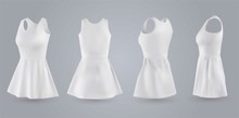 Women White Dress Set In Front, Back And Side View, Isolated On A Gray Background. 3D Realistic Vector Illustration