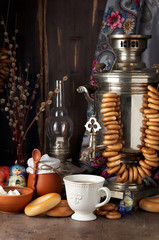 Wall Mural - Russian Tea Party including black tea from samovar, lump sugar, bagels sushki and baranki