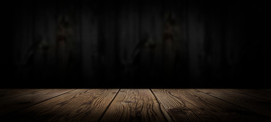 Dark empty room, wooden floor and wooden wall. Dark empty room scene.