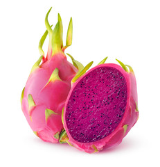 Fototapete - Isolated dragonfruit. Cut red fleshed pitahaya fruit isolated on white background with clipping path
