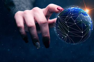 Poster - Woman touching planet with finger and network web. Mixed media.