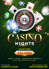 Canvas Print - Casino Night party template design with realistic roulette wheel, playing cards and casino chips illustration on green background.