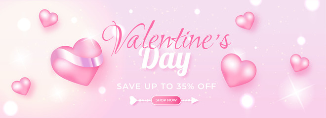 Wall Mural - realistic heart shapes with 35% discount offer on shiny pink bokeh background for valentine's day sa