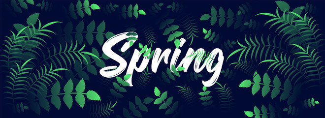 Poster - Spring header or banner design decorated with tropical leaves.