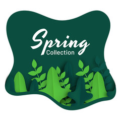 Wall Mural - Spring collection poster or template design decorated with paper cut tropical leaves.