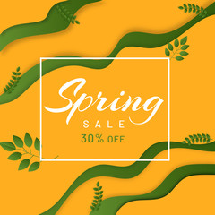 Sticker - Paper layer cut background with 30% discount offer for Spring Sale. Advertising template design.