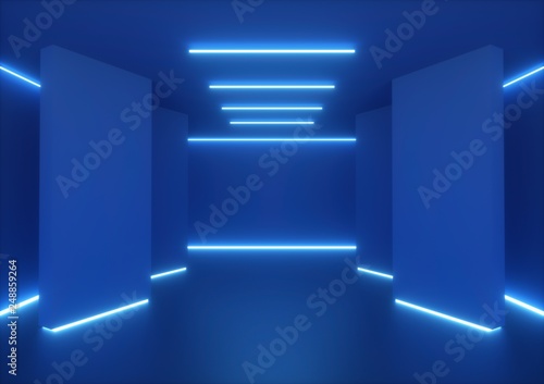3d Rendering Empty Room Tunnel Walls Blue Neon Light