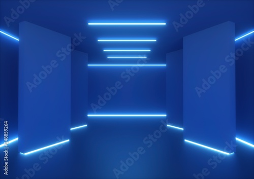 3d Rendering Empty Room Tunnel Walls Blue Neon Light