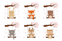 Vector Collection Of Cartoon Cute Animals On Swing