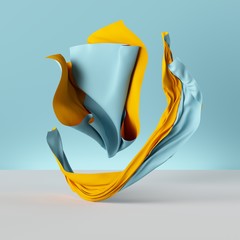 Wall Mural - 3d render, folded cloth, yellow drapery isolated on blue background, textile, fabric, curtain, abstract fashion wallpaper