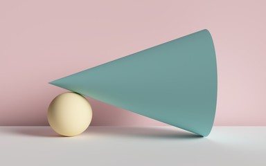 Wall Mural - 3d render, abstract background, cone, ball, primitive geometric shapes, pastel color palette, simple mockup, minimal design elements