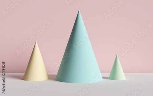 3d render, abstract background, cones, primitive geometric shapes, pastel col...