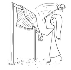 Poster - Cartoon stick figure drawing of woman beating rug or carpet with beater or whip removing dust.