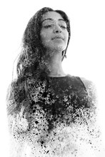 Paintography. Double Exposure Portrait Of A Beautiful Ethnic Woman Combined With Hand Drawn Ink Painting. Black And White