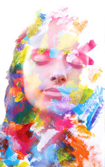 Paintography. Double exposure. Close up of an attractive peaceful model combined with colorful hand drawn acryllic paintings with overlapping brushstroke texture