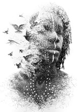Paintography. Double Exposure Portrait Of A Young African American Man Combined With Symbolic Handmade Drawing Of A Flock Of Birds Flying Away