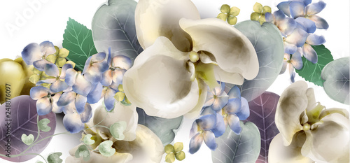 Orchid flowers vintage banner Vector watercolor. Delicate seasonal background...