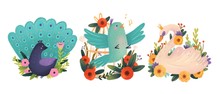 Set Of Three Beautiful Birds And Flowers. Hand Drawn Colored Illustration