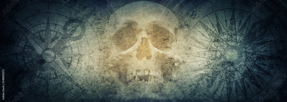 Pirate skull and compasses on old grunge paper background. - obrazy, fototapety, plakaty 