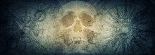 Pirate Skull And Compasses On Old Grunge Paper Background.