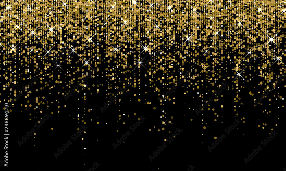 Golden confetti falling on sparkling gold glitter background. Vector carnival party golden confetti glow on black background - obrazy, fototapety, plakaty 