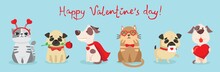 Vector Illustration Card With Cute Cartoon Little Valentine Cats And Dogs Puppies In Love And Funny Greeting Text Happy Valentine's Day 