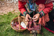 Hands of a Peruvian women knitting