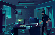 Vector Cartoon Background Of Robbery In Police Department Or Cabinet Of Private Detective. Criminal Man, Thief With Flashlight In Dark Room. Bandit At Night, Interior Of Cabinet For Investigation.